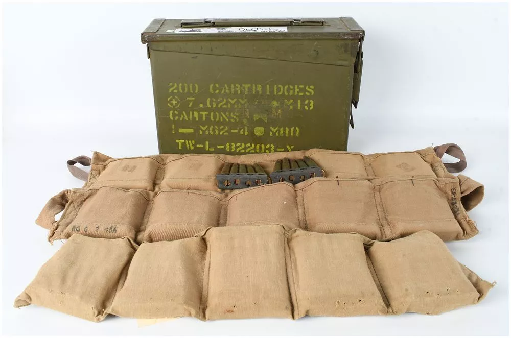 150 Rounds of .303 British Ammunition on Stripper Clips with Canvas Bandoliers and US M19A1 Ammunition Can