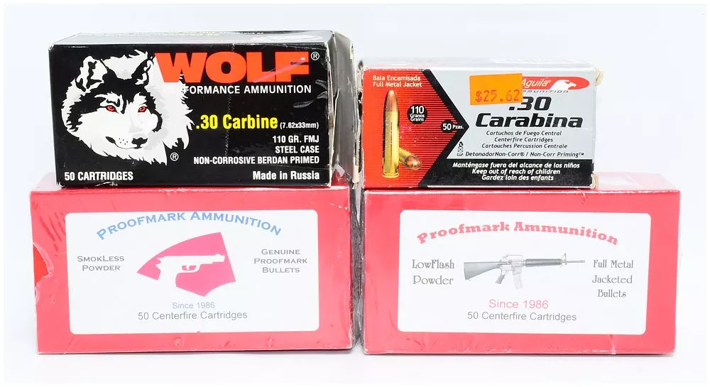 154 Rounds of .30 Carbine (7.62x33mm) Ammunition by Wolf, Aguila, and Proofmark