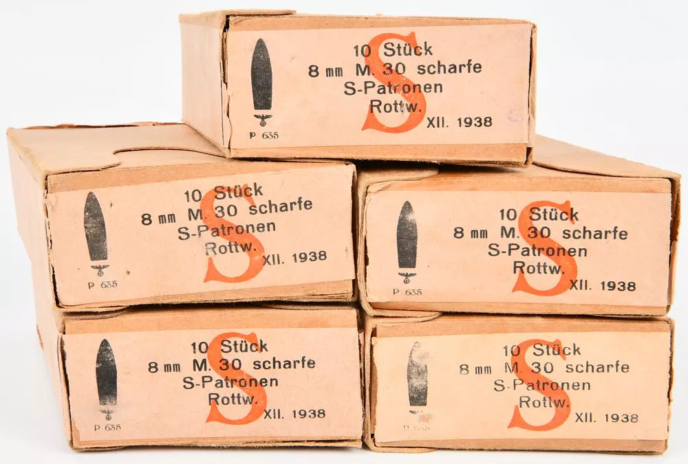 1938 German Mauser 8mm M.30 Scharfe S-Patronen Ammunition, Five Boxes